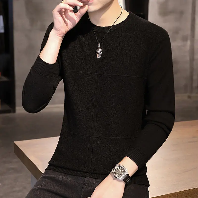 Basic Solid Color Slim Sweaters Men's Clothing Round Neck Spliced Autumn Winter New Fashion Casual Long Sleeve Knitted Pullovers