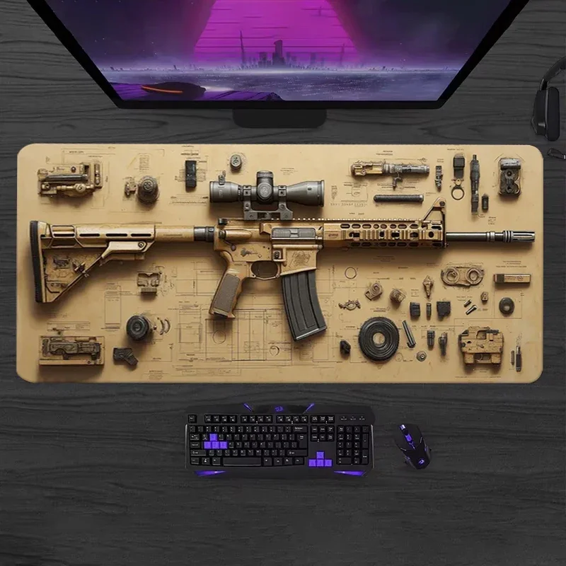 Firearm Disassembly XXL Mouse Pad - Large Tactical Gaming Desk Mat with Topographic Print, Anti-Slip Surface for Keyboard & PC