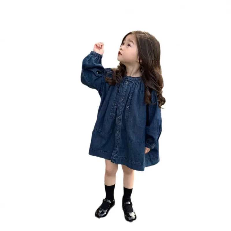 XED-Girls' Dress with Stand Collar and Single Breasted Buttons, Washed Denim Dress25Spring and Autumn New Children's Clothing So