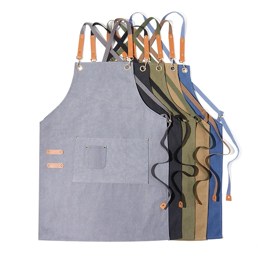 Soft Canvas Chef Apron Cross Back Heavy Duty Work Apron with Adjustable Straps and Large Pockets for Men Women Size M to XXL