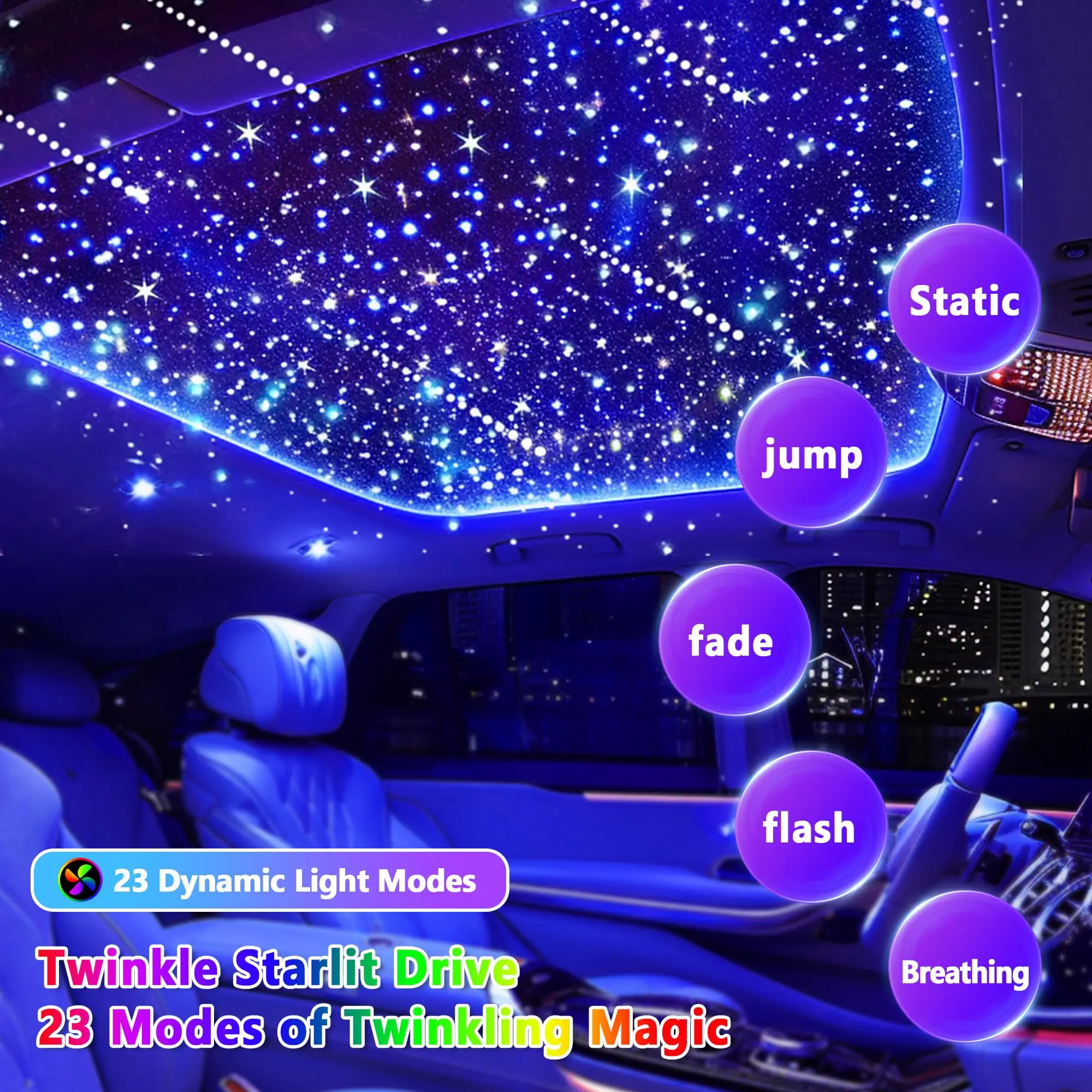 Car Roof Star Light Kit RGBW Fiber Optic with Music Mode Meteor Shower APP Controlled Bluetooth Ceiling Ambient Light Twinkle