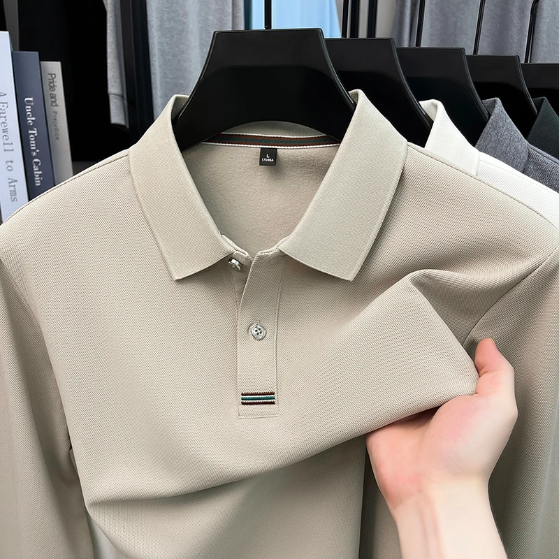 100% Cotton High-End Men's Polo Shirt, New Spring and Autumn Long-Sleeve T-Shirt with Turn-Down Collar, Loose Casual Top