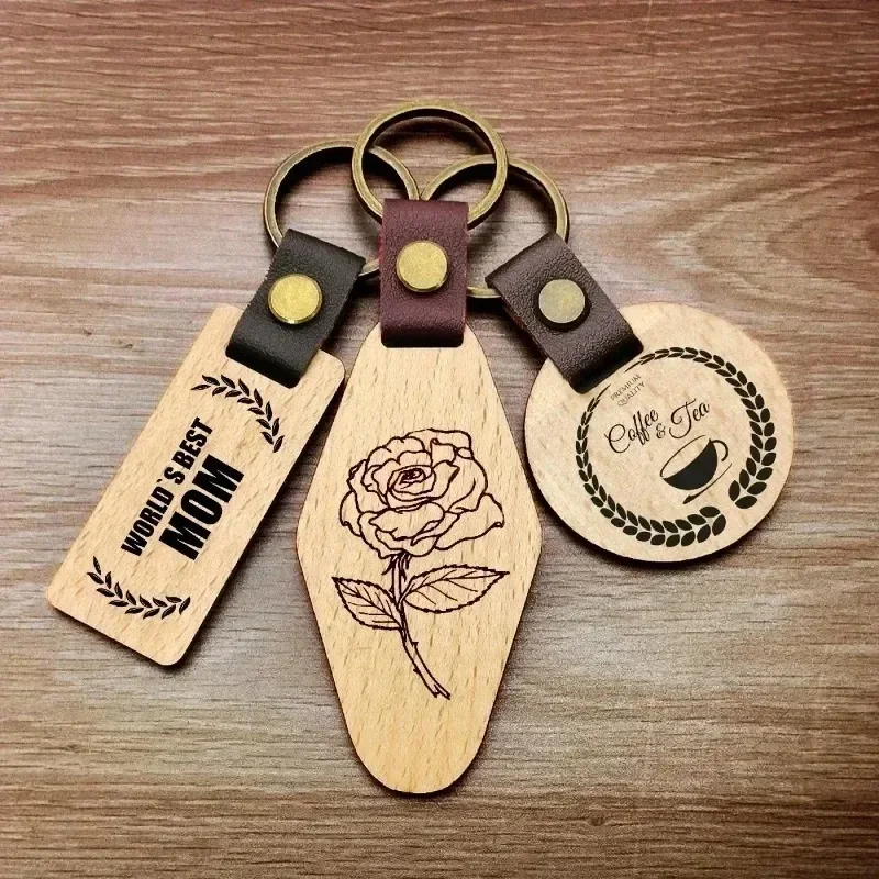 

Customized PU Leather Wooden Keychain Blank DIY Wood Keyring Square Engraved Car Key Chains Retro for Friends Lovers Family Gift