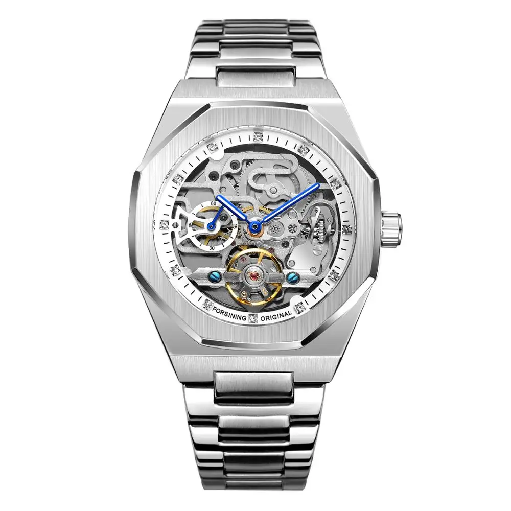 Fashion Forsining Top Brand Silver Mens Watches Top Luxury Automatic Mechanical Stainless Steel Business Skeleton Wristwatch