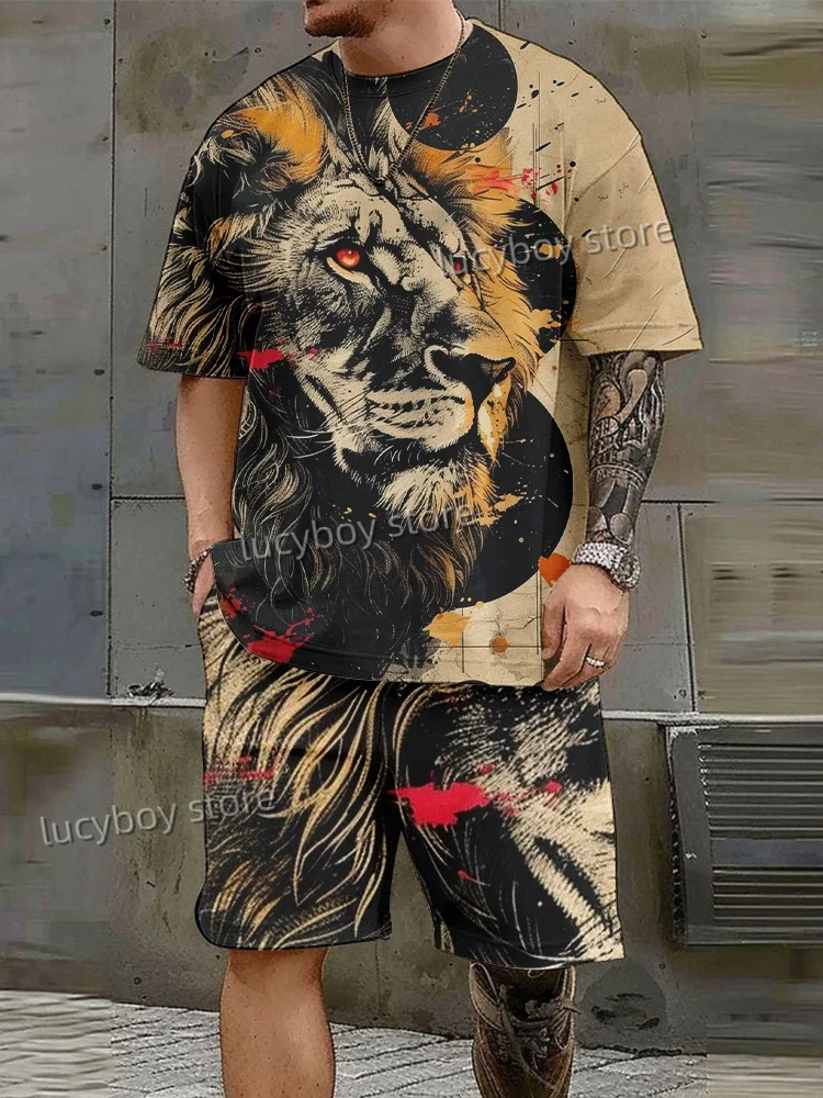 

LION Printed Sport running T-shirt+shorts Suit Set Men Male Luxury Tracksuit Outfit Summer Oversized 2 Piece Set Clothes