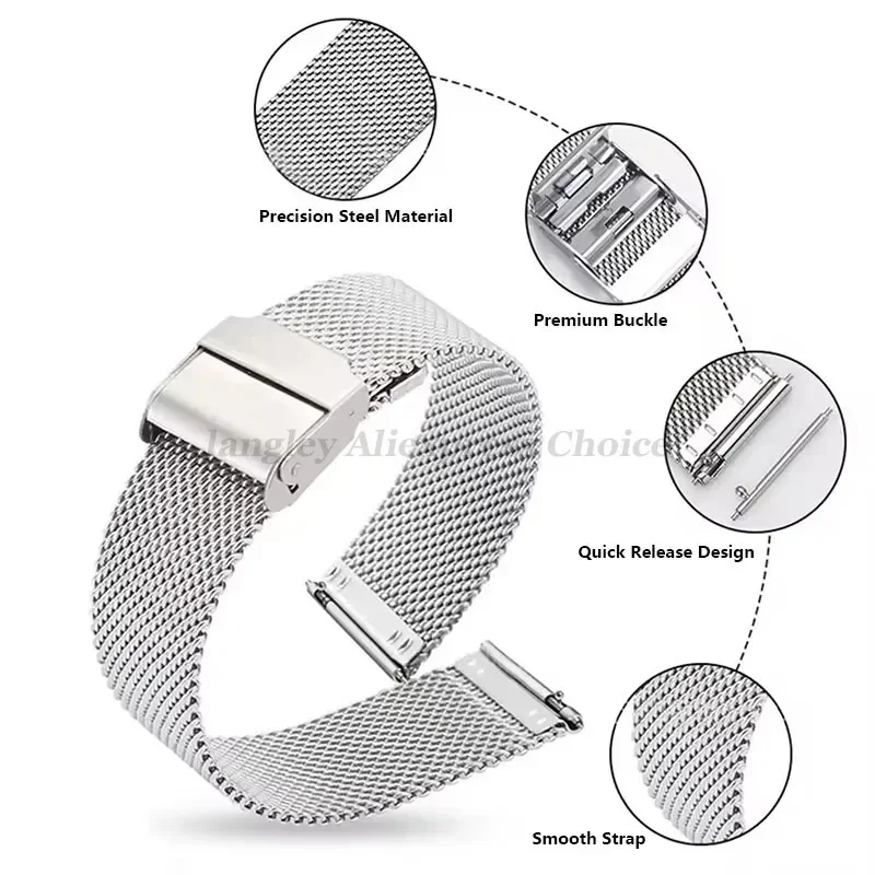 Mesh-Edelstahl-Uhrenarmband 12, 14, 16, 18, 20 mm, 22 mm, Armband, Metall-Schnellverschluss, 17, 19, 21, 24 mm Band, universelles Schlaufenarmband