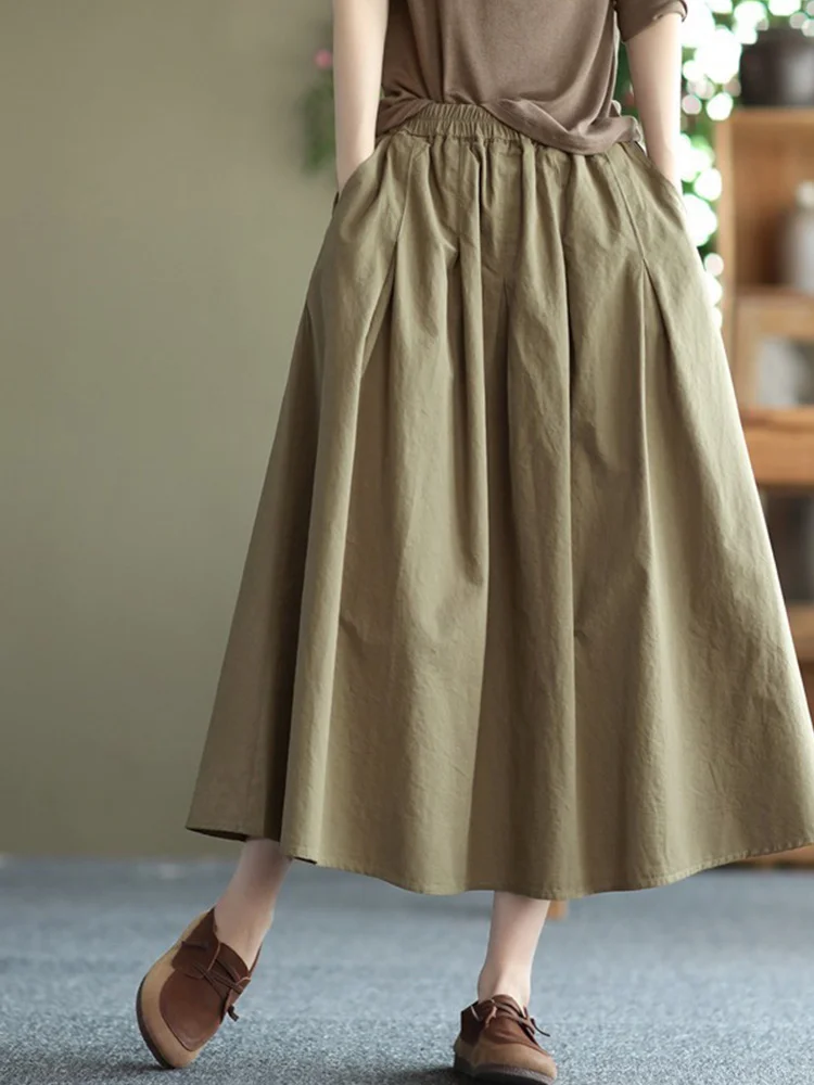 

Юбка-миди трапециевидной формы с высокой талией для женщин со складками, расклешенный подол, повседневные тонкие юбки в стиле ретро, художественный дизайн