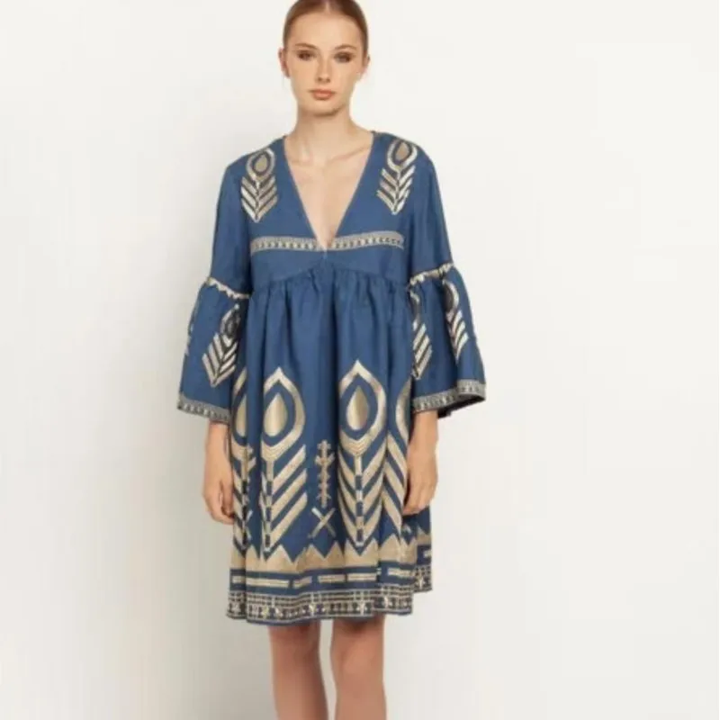 Abito stampato stile Boho alla moda Abito casual con scollo a V Manica a foglia di loto Abito ampio Primavera e autunno Nuovi abiti da donna per le vacanze