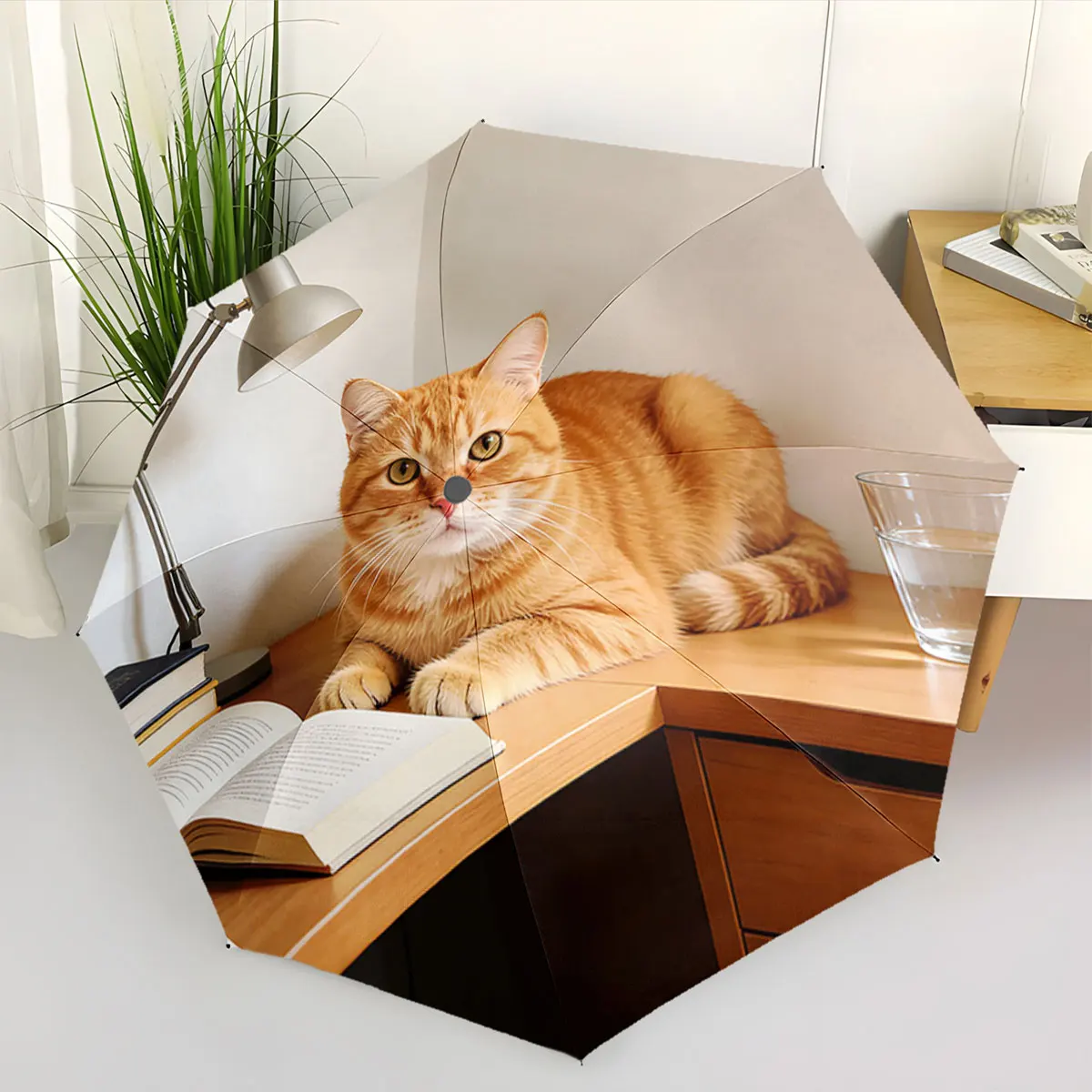 1PC Cat's Cozy Reading Corner Umbrella Print 8 Iron Ribs Folding Umbrella Auto-Open Fashion Sunshade