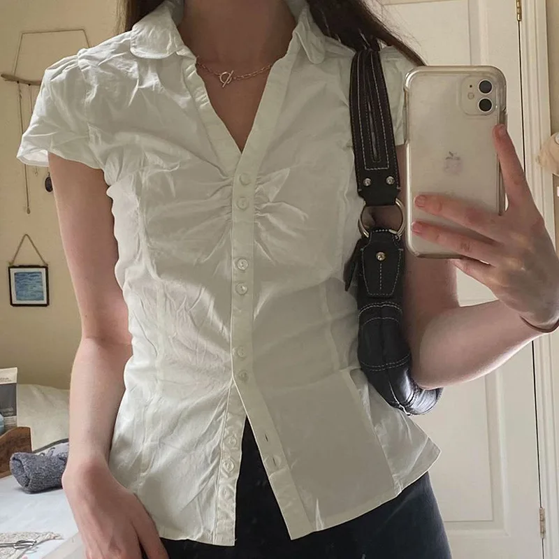 Summer Women's White Buttons Back Strap Short Sleeved Shirt