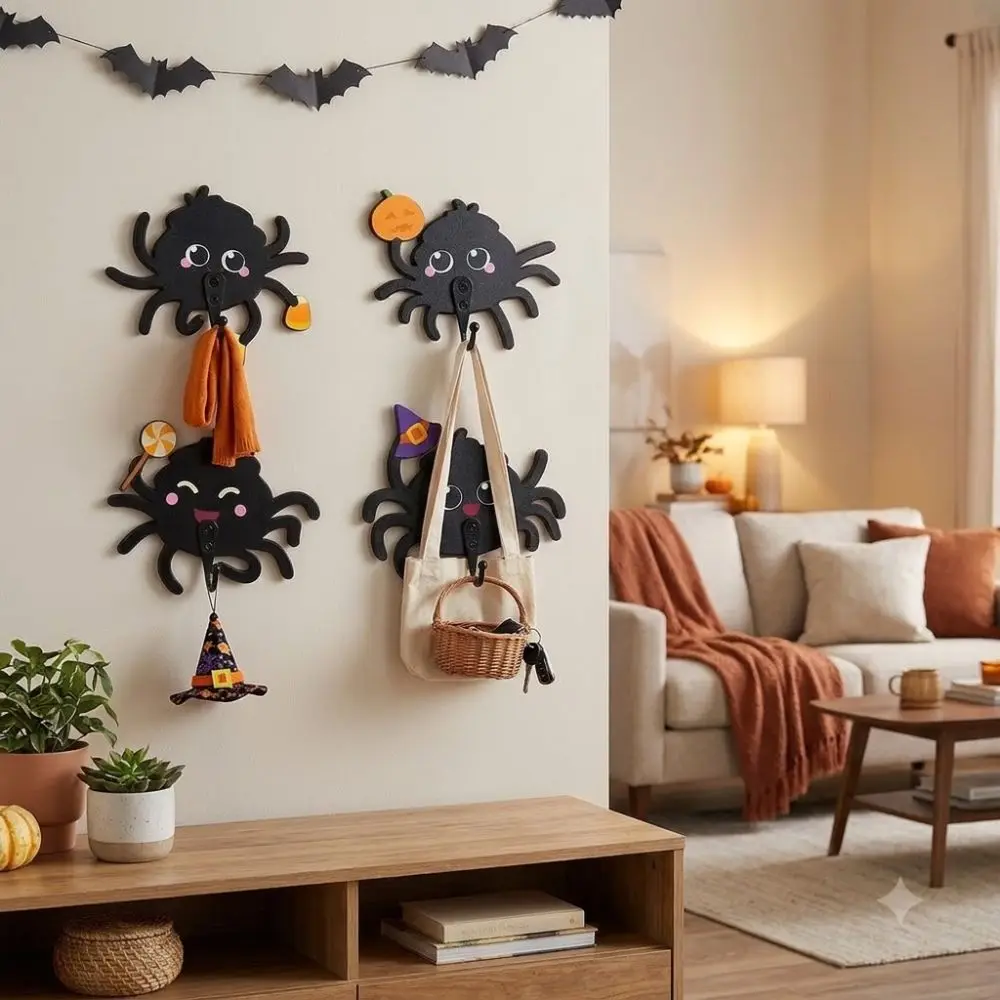 Wooden Halloween Cartoon Spider Hook No-Drill Gothic Style Spider Wall Hooks Wall Mounted Cute Door Hooks Entryway Organizer
