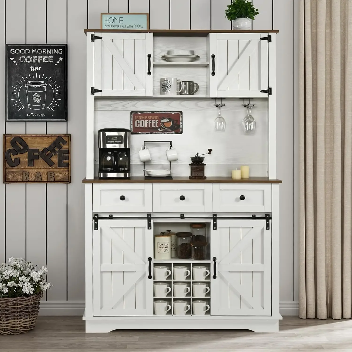 

4 Ever Winner Farmhouse Coffee Bar Cabinet With Sliding Barn Doors, 72” Tall Kitchen Pantry Cabinet With Wine & Glass Rack,