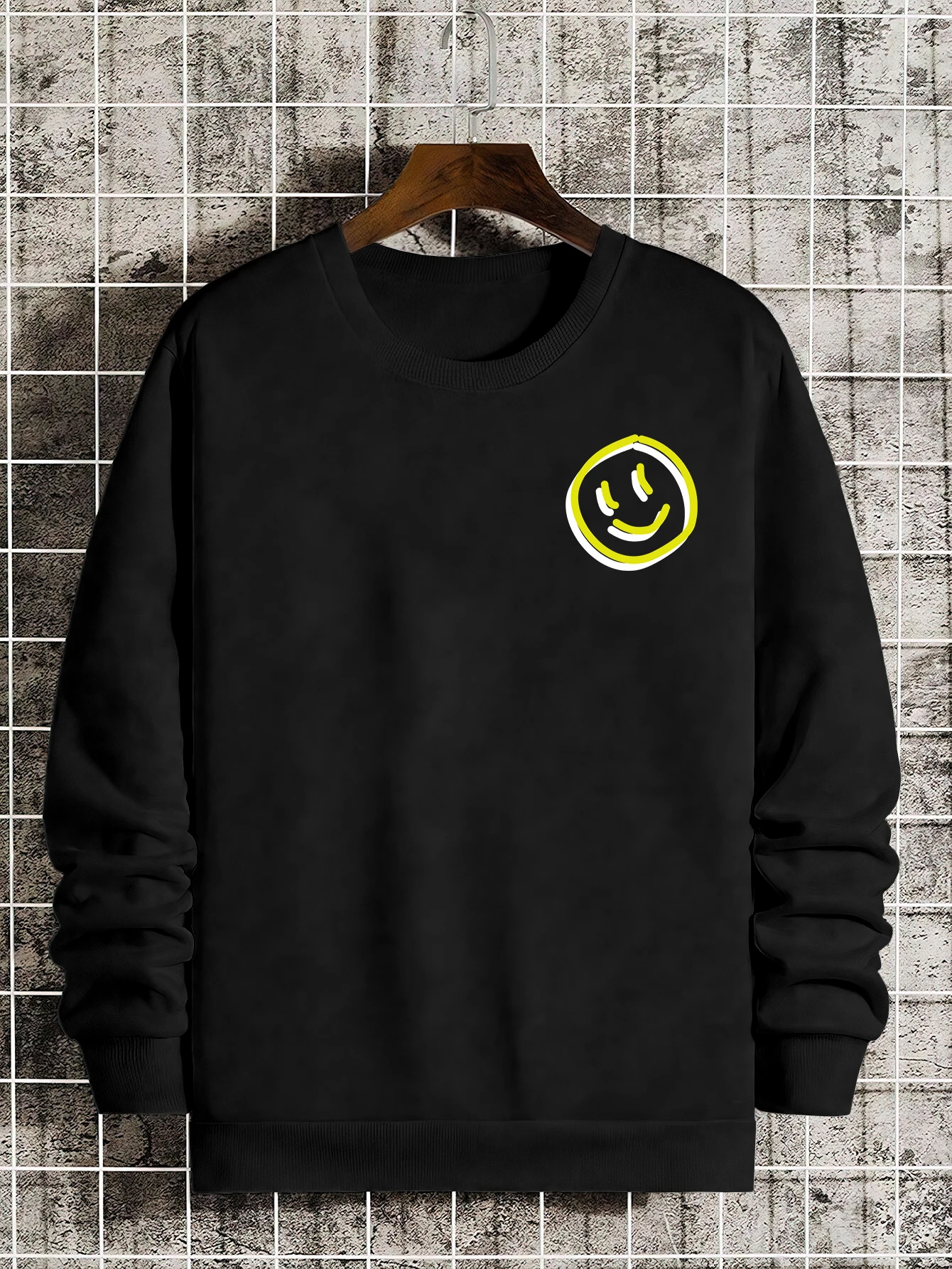 Men Black Crew Neck Sweatshirt Oversized Graffiti Smiley Face Back Print Drop Shoulder Loose Fit Y2K Streetwear Graphic Pullover