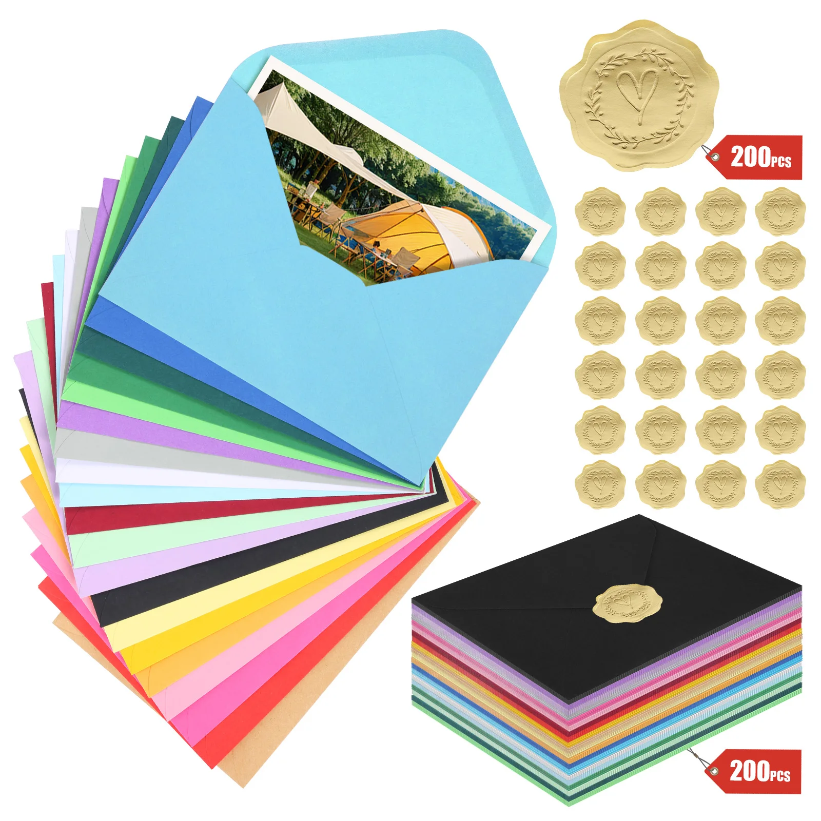 

200-Pack A6 Paper Envelopes with Gold Stickers Water Glue Design Colored Envelope for Greeting/Business Card Invitation Envelope