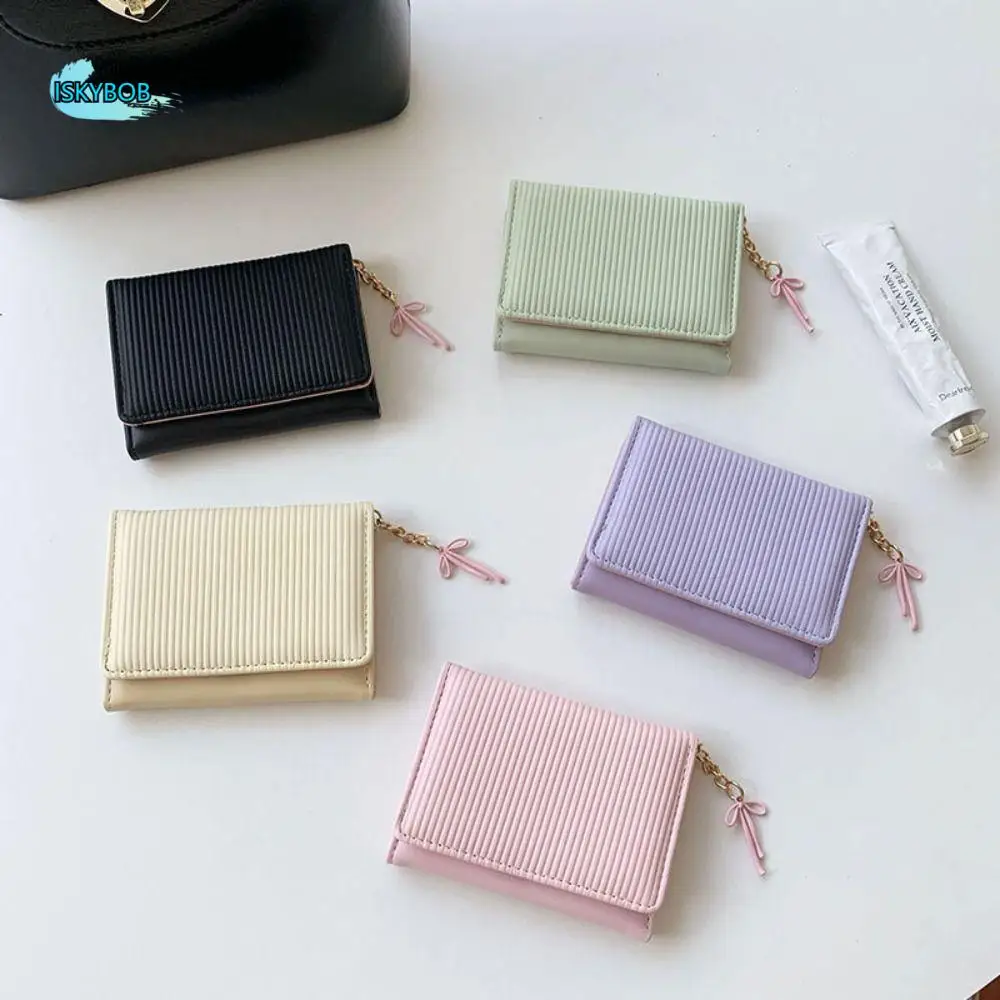 

Fashion Solid Color Women's Wallet Minimalist Pu Leather Lady Wallet Ins Short Bow Pendant Purses Card Holder