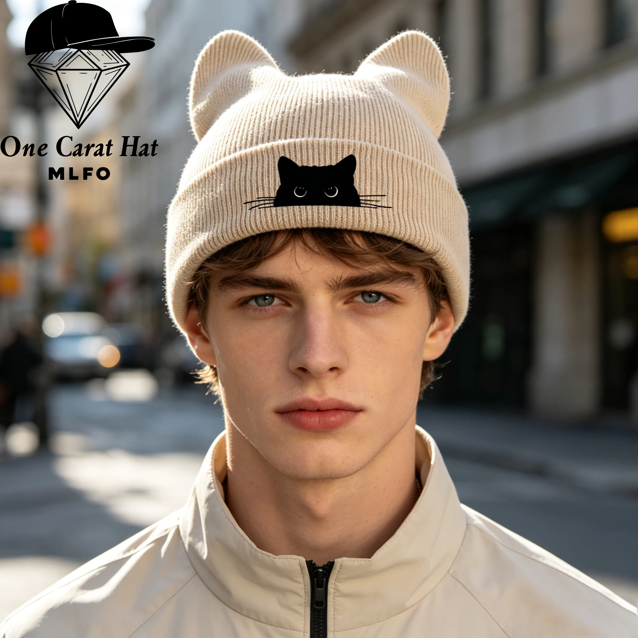 Lovely Trendy Cat Ear Beanie, Black Cat Eyes Graphic Print, For Daily Casual Wear, Holiday Party & Friend Weekend