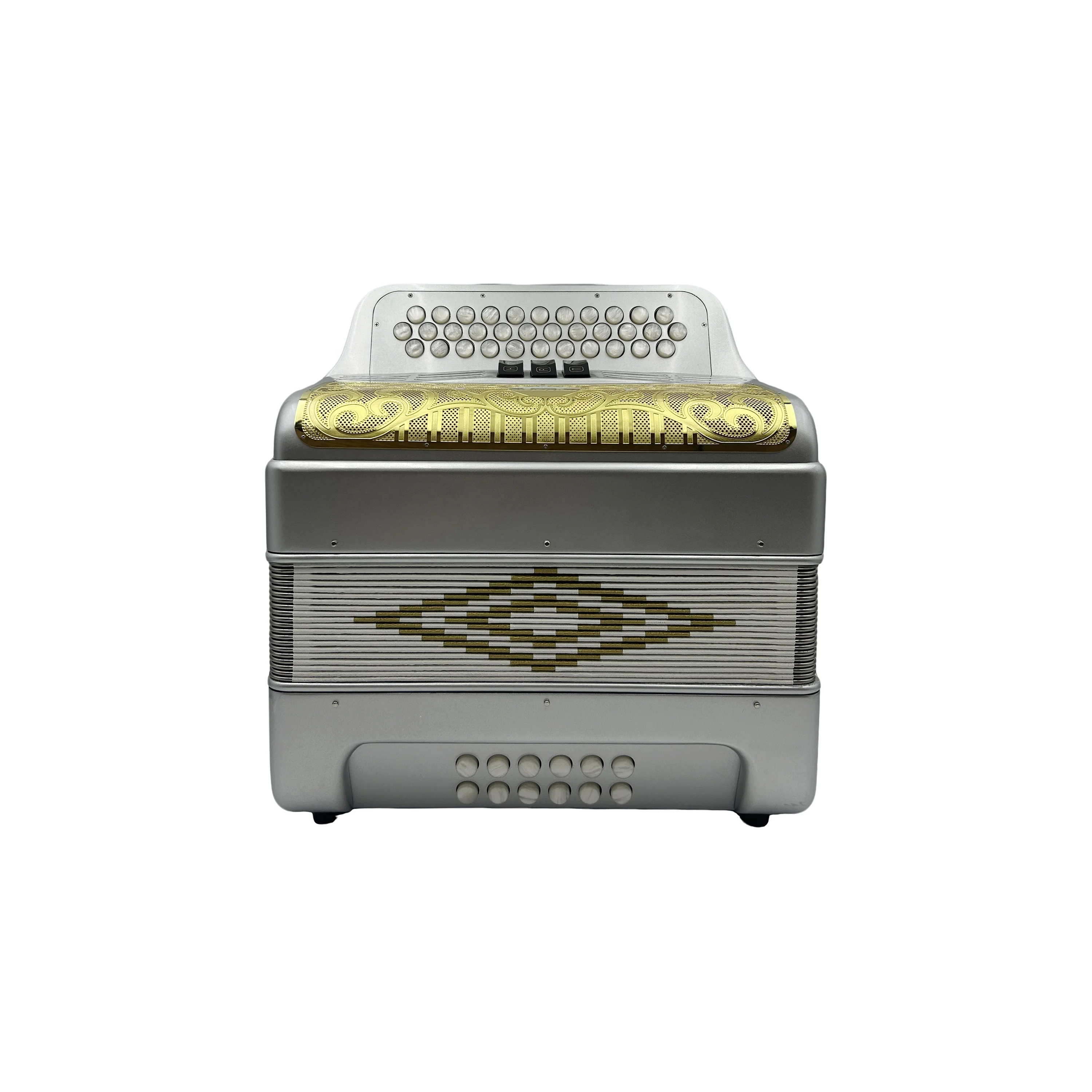 

34 кнопки, 12 басов, 3 режима, серебряный корпус, аккордеон, золотой гриль, белые кнопки, диатонический аккордеон JB3412C