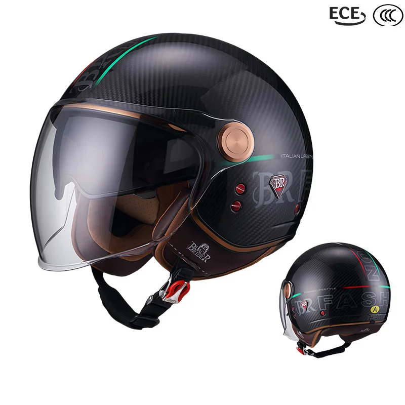 

BEON BLACK RIDER BR20 Carbon Helmets Men Light Weight Double Lens Retro Vintage Open Half Face Helmets Scooter Motorcycle