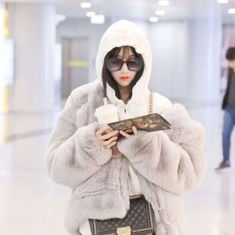 New Thickened Mink Velvet Coat Korean Women Winter Clothes New Jacket Version Loose Imitation Rabbit Fur Plush Hooded Fur Coat