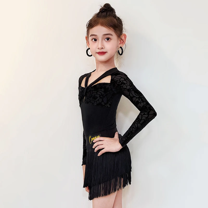Vêtements latins pour filles, tenue de spectacle de danse noire, body à manches longues, jupe d'entraînement à franges, vêtements de danse Samba, nouvelle collection 2025 2162