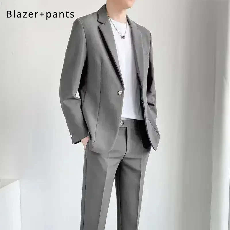 S-5XL High Quality Men\'s Suit Gentlemen Simple Business Casual Fit Suits 2 Pieces Set Classic Solid Color Jacket（Blazer +Pants）