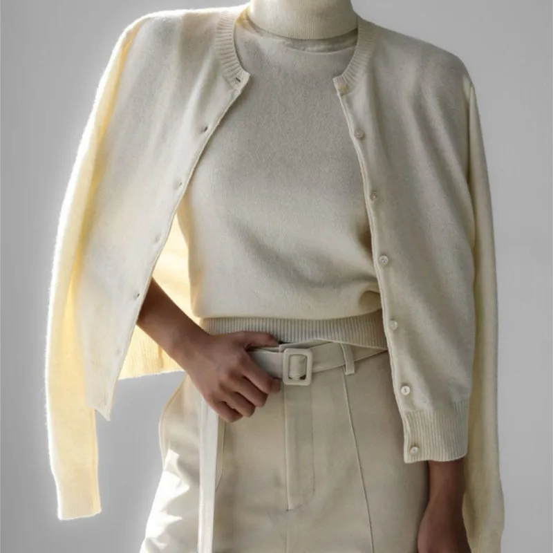 2025 primavera outono casual cor sólida feminino malha superior conjunto de duas peças gola alta sem mangas casaco inferior + moda cardigan topo