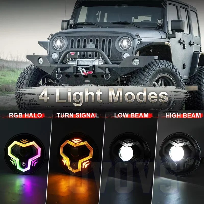 2Pcs/Set 7 Inch RGB LED Headlight With DRL Turn Signal High Low Beam White Yellow APP Control For Off-road Wrangler Modified LED