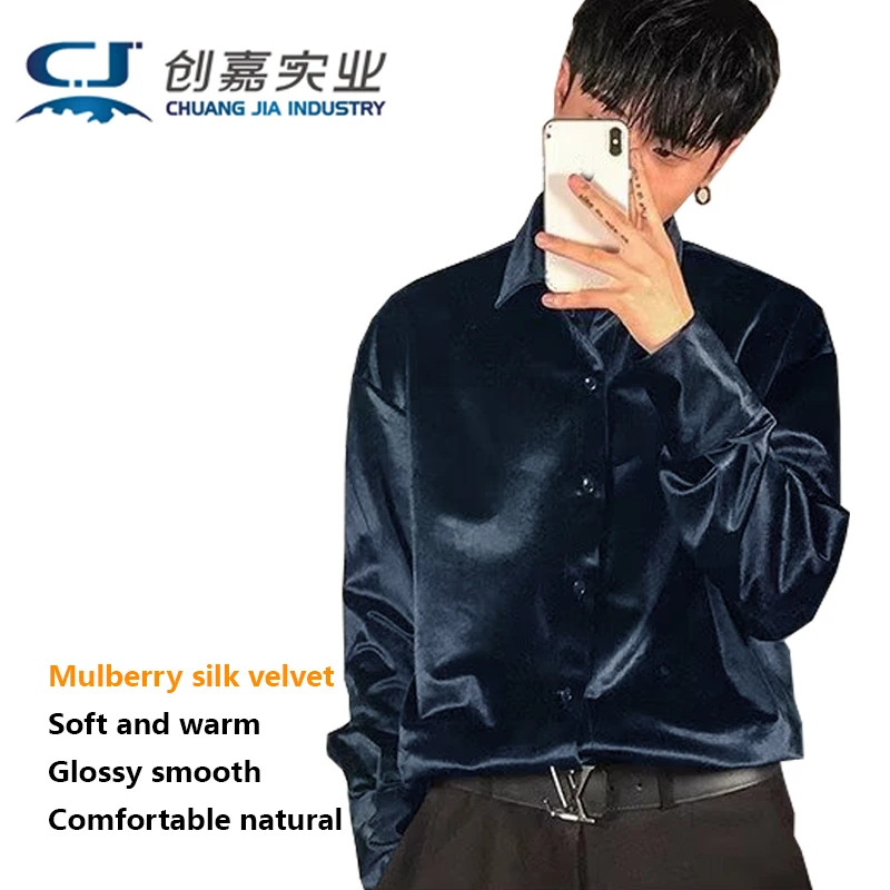 High-end Silk Velvet Spring and Autumn Men's Long Sleeve Shirt Black Silky Luster Light Luxury Men's Soft Light Comfortable Top