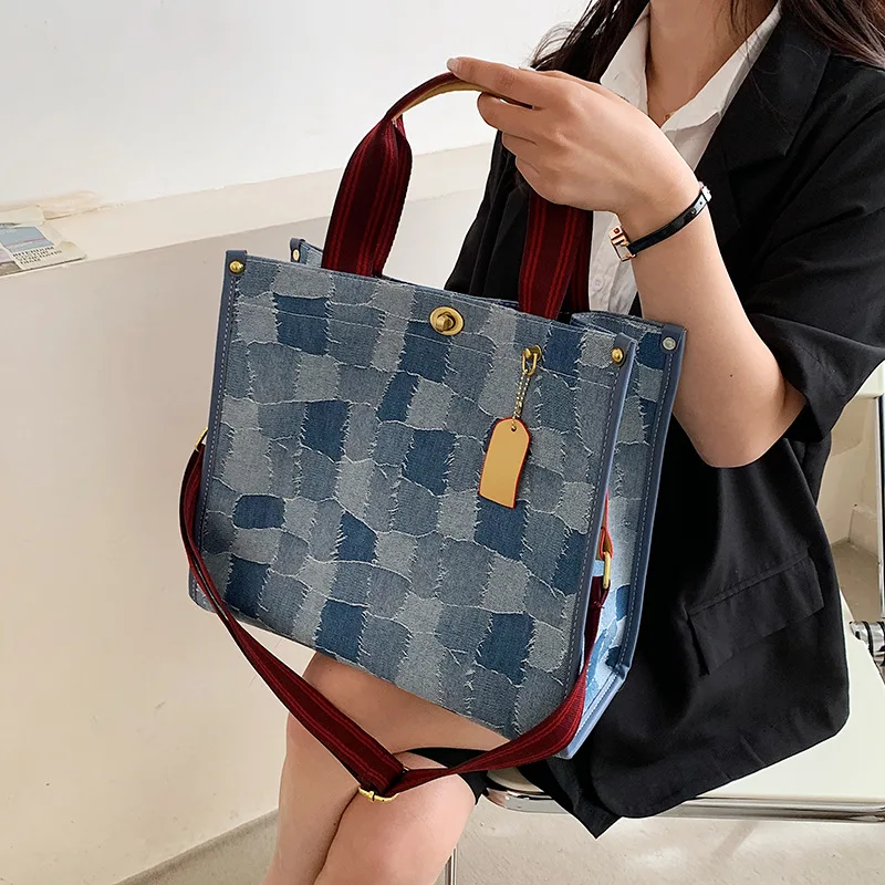 Denim large capacity handbag female 2024 new trend fashion crossbody bag wide shoulder strap