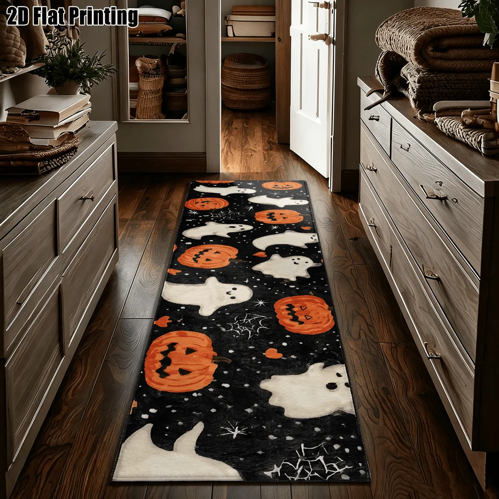 1Pc Halloween Ghost Pumpkin Printed Strip Carpet, Dark Fun Pumpkin Lantern Spider Web Corridor Carpet, Suitable for Kitchen, Bedroom, Foyer, Balcony, Entrance, Bedside, Halloween Theme Home Soft Decoration