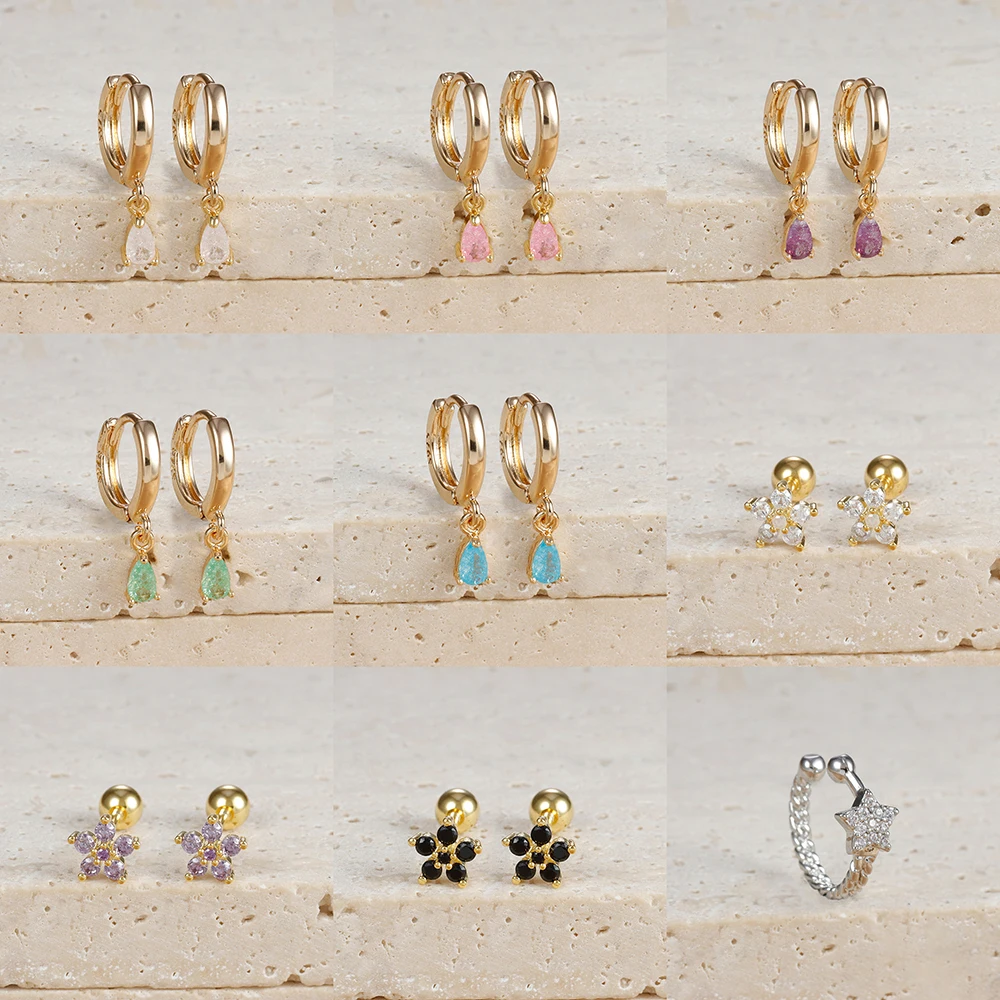 European American Water Drop Hoop Earring Woman Exquisite Simple Flower Multicolor Zircon Ear Piercing Earring Statement Jewelry