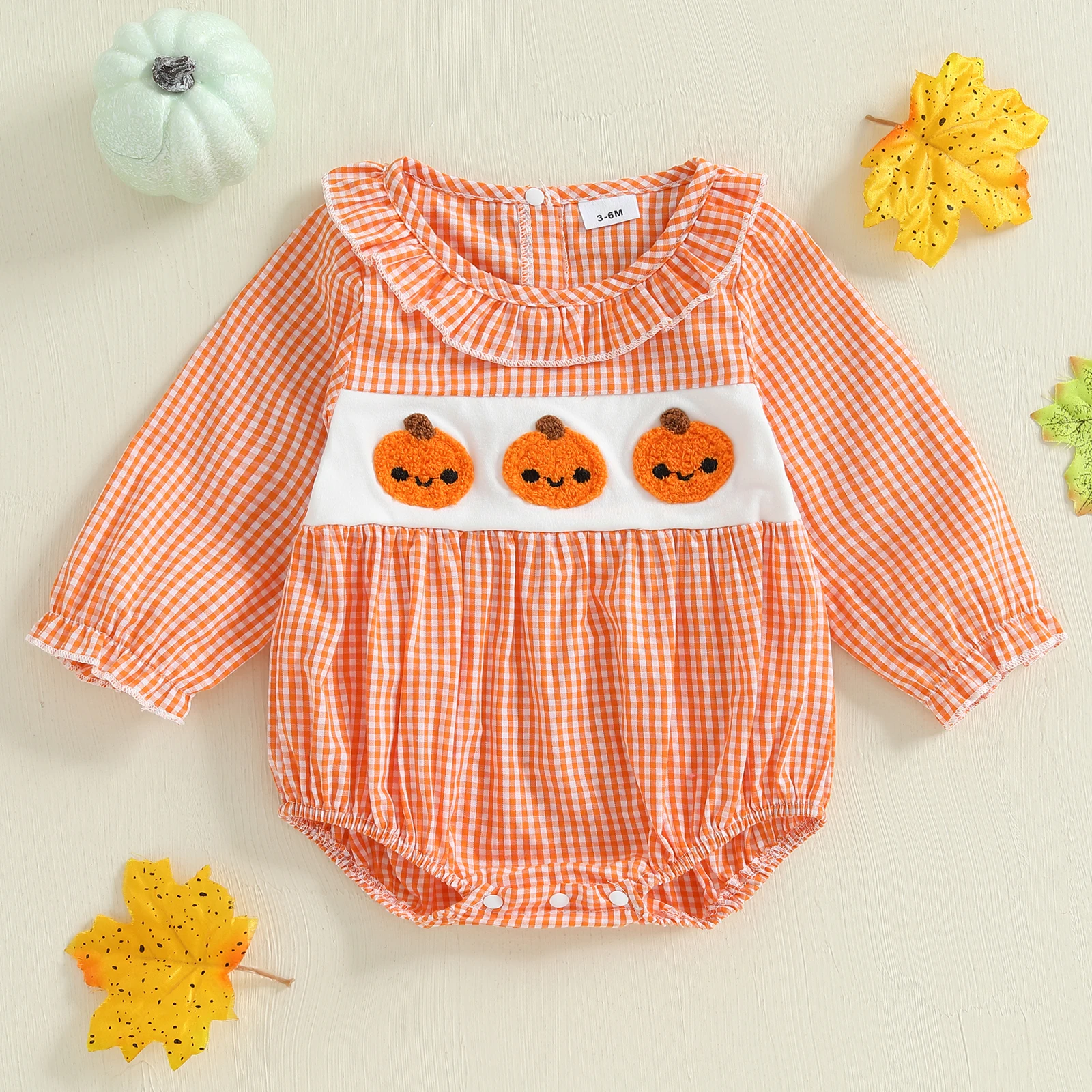 

Baby Girl Halloween Plaid Romper Pumpkin Embroidery Long Sleeve Ruffled Round Neck Bubble Jumpsuit for 0-18 Months