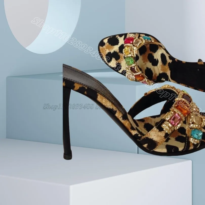 Leopard Print Crystal Decor Slippers Stiletto Spring British Style Design for Women Dance Party Slippers Zapatos Para Mujere