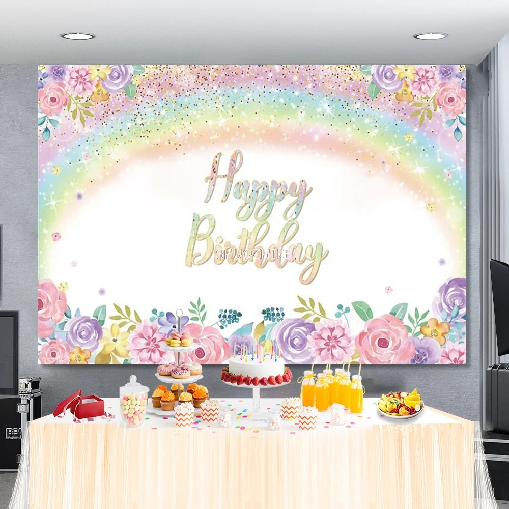 

Rainbow Glitter Star Flower Baby Shower 1st Birthday Party Customized Poster Photo Background Photography Backdrop