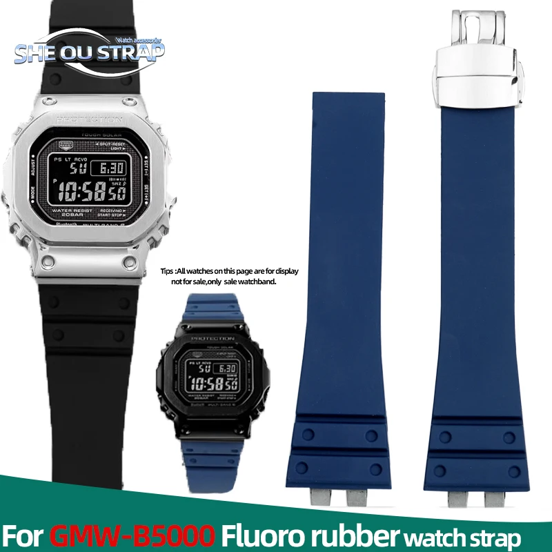 Black Blue Fluororubber Watch Band For Casio GMW-B5000 GM-B2100 MRG-B5000 FKM Watch Strap With gmw b5000 Men's Modify FKM Strap