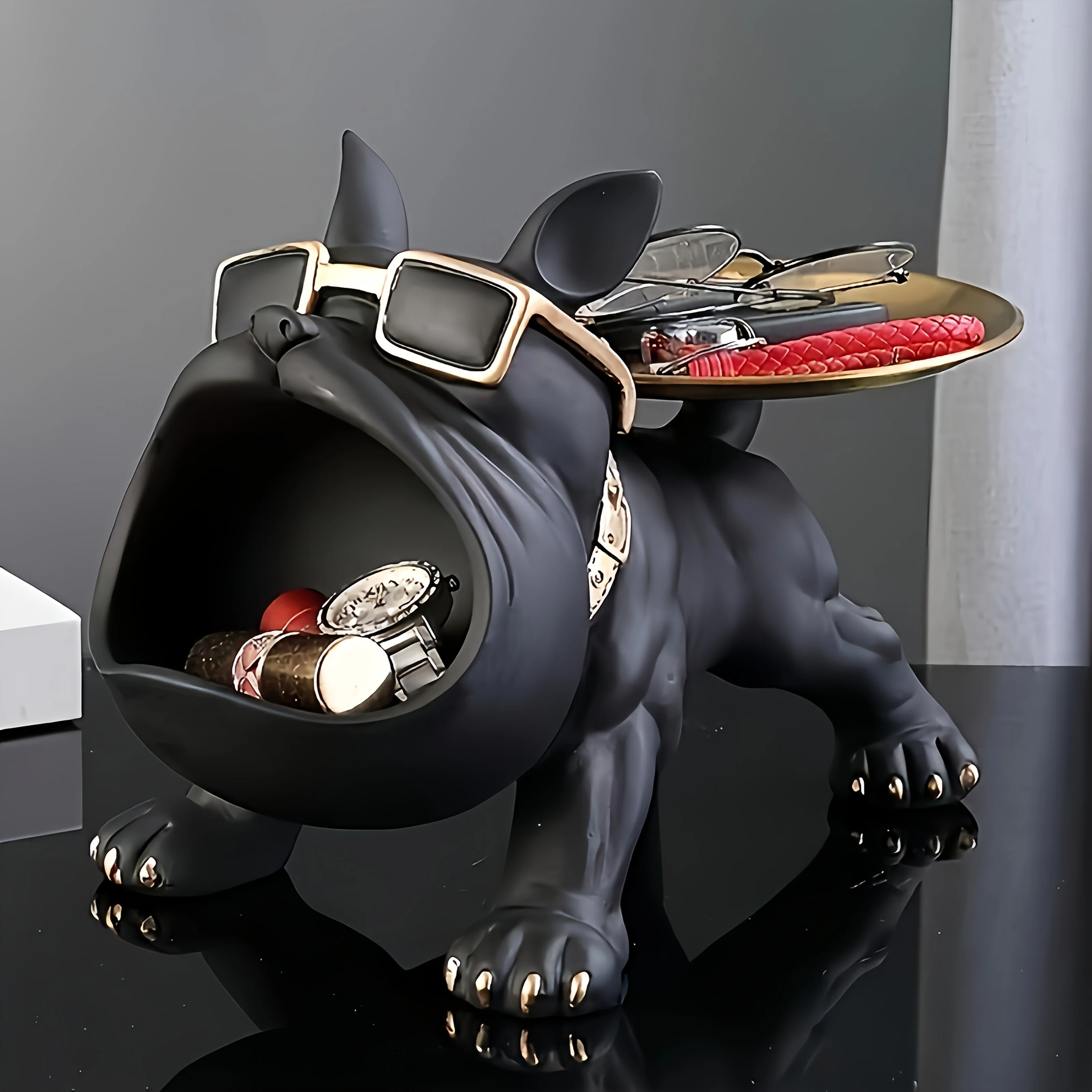 Black Bulldog Storage Decoration Set 1 piece - Stylish resin statue with gold rimmed glasses and dial - Perfect for home