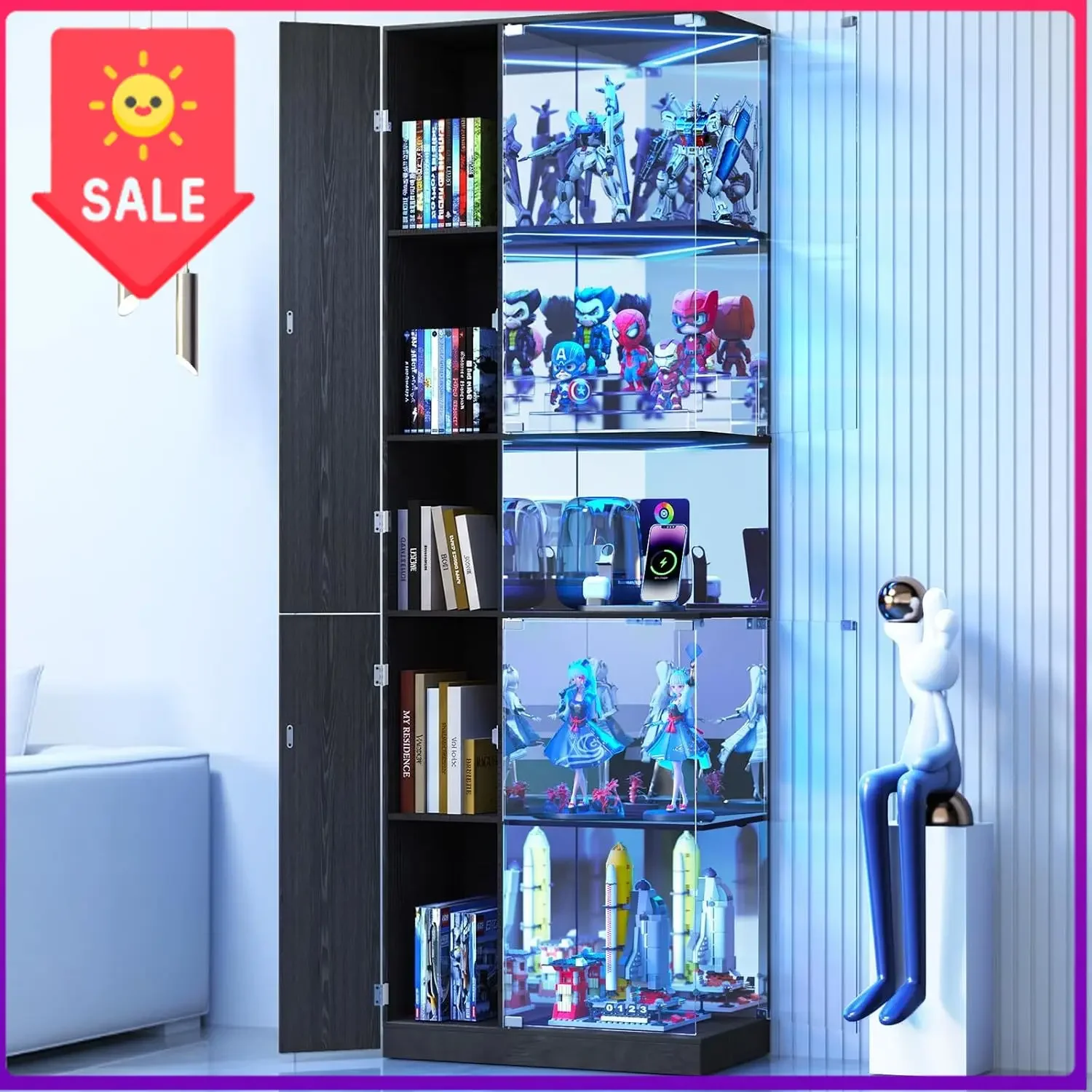 Glass Display Cabinet with RGB Lights, 5-Tier Curio Cabinets with Glass Doors for Collectibles, Display Case with Adjustable She