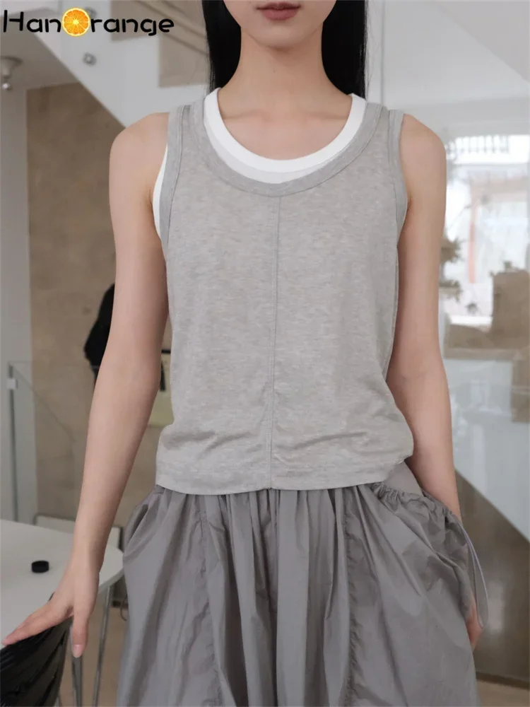 HanOrange 2025 Summer Simple Double Layer Splicing Wool Tank Top Women Slim Fit Elastic Sleeveless Top Light Gray/Dark Gray