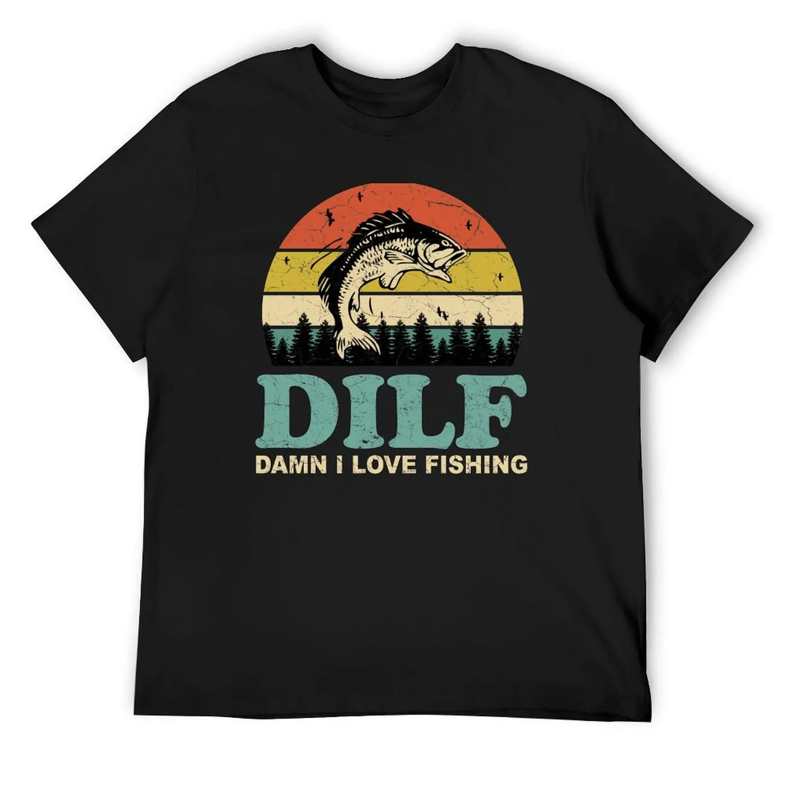 

DILF Damn I Love Fishing Retro Vintage Sunset Funny Fishing Gift T-Shirt boys whites mens clothing