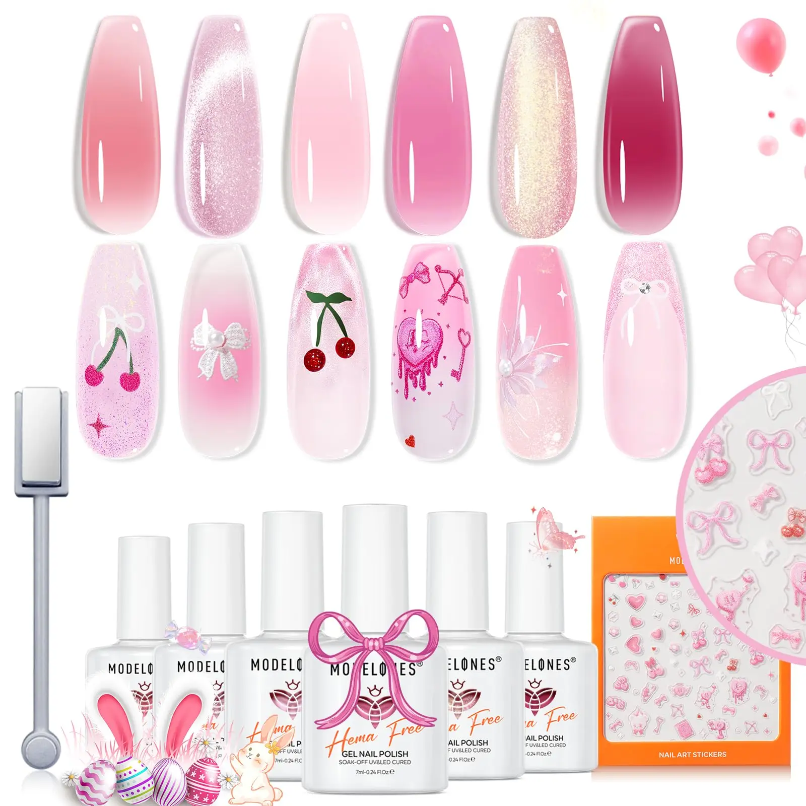 

Набор гель-лаков Modelones Pink Gel Polish Set, без HEMA, светло-розовый гель-лак с эффектом кошачьего глаза, желеобразный глиттер, нюдовый, ярко-розовый, пастельный гель-лак для ногтей, 6 цветов