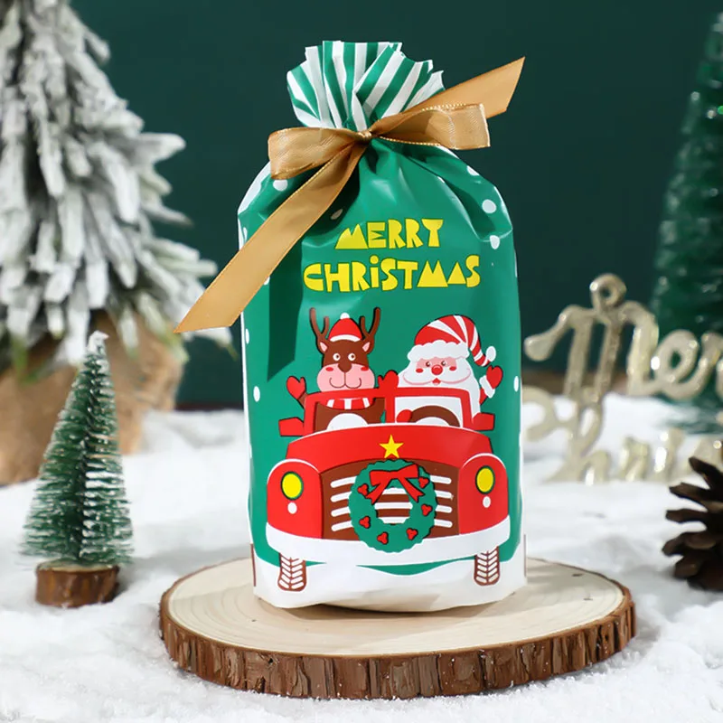 AQ Cartoon Christmas Gift Car With Santa Claus Elk Baby Gift Box Decor Large Green Ribbon Drawstring Bag DIY Homemade Candy Bags