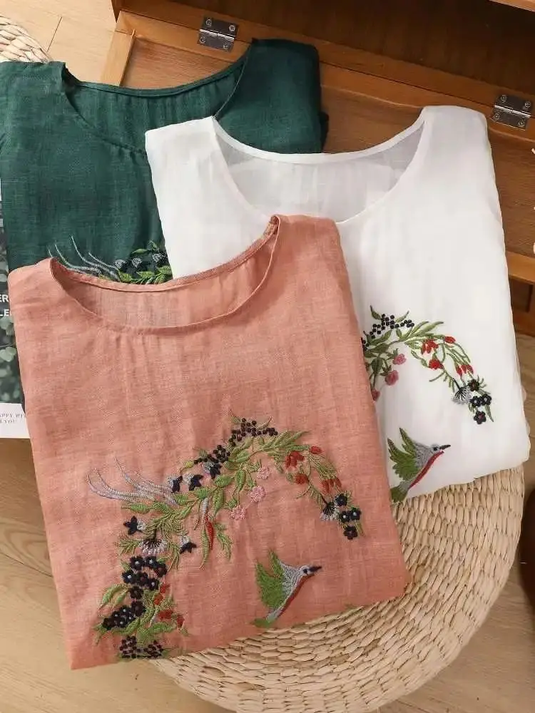 Elegant Pure Cotton Linen Shirt Casual Summer Women O-Neck Embroidery Short Sleeve Solid Pullover Top Fashion Blouse A97