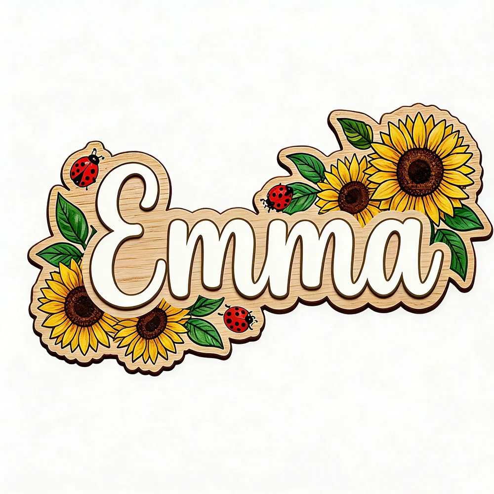 Cheerful Sunflower Custom Wooden Name Sign, Personalized Floral & Ladybug Kids Room Decor, Neutral Nursery Wall Art, One-of-a-Ki