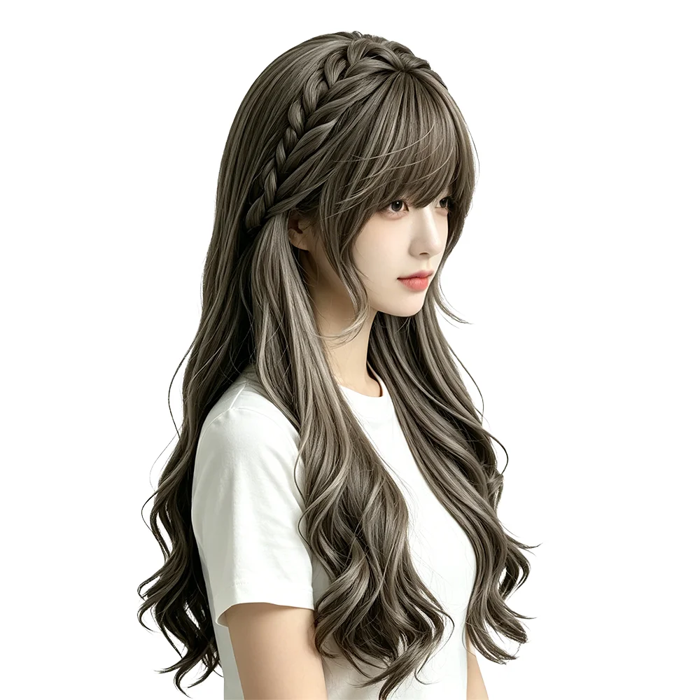 Sweet Cute Lolita Braided Long Wavy Wig Dark Ash Brown With Air Bangs Heat Resistant Synthetic Hair For Women Cosplay Party