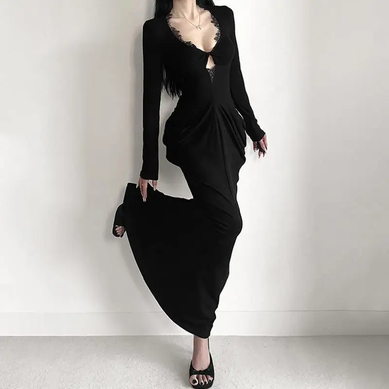 Abito da sirena aderente nero con scollo a V vintage con pannelli in pizzo Abito da festa increspato slim fit europeo americano Abito da abbigliamento alla moda