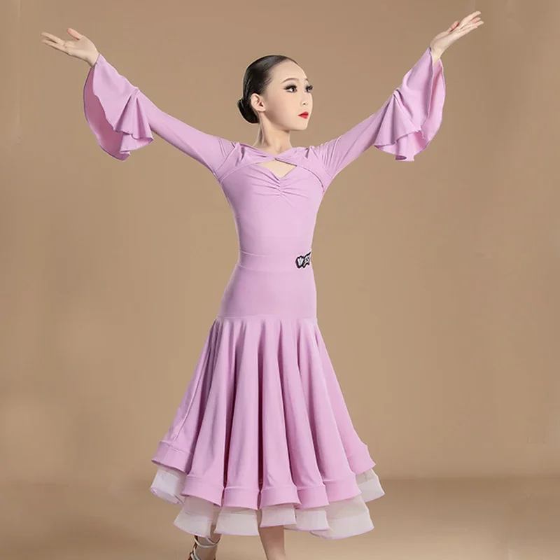 

Фиолетовый вальс с длинными рукавами, современная танцевальная одежда, национальный стандарт, костюм для бальных танцев, профессиональные платья для латинских танцев 7893