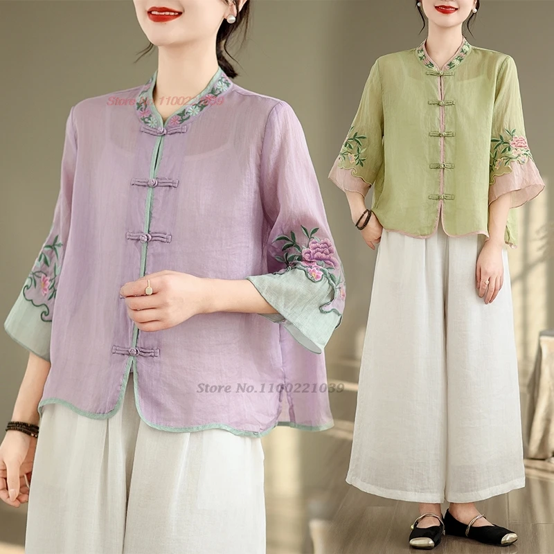 

2025 chinese improved folk blouse national flower embroidery stand collar blouse chinese retro hanfu tops ethnic vintage blouse