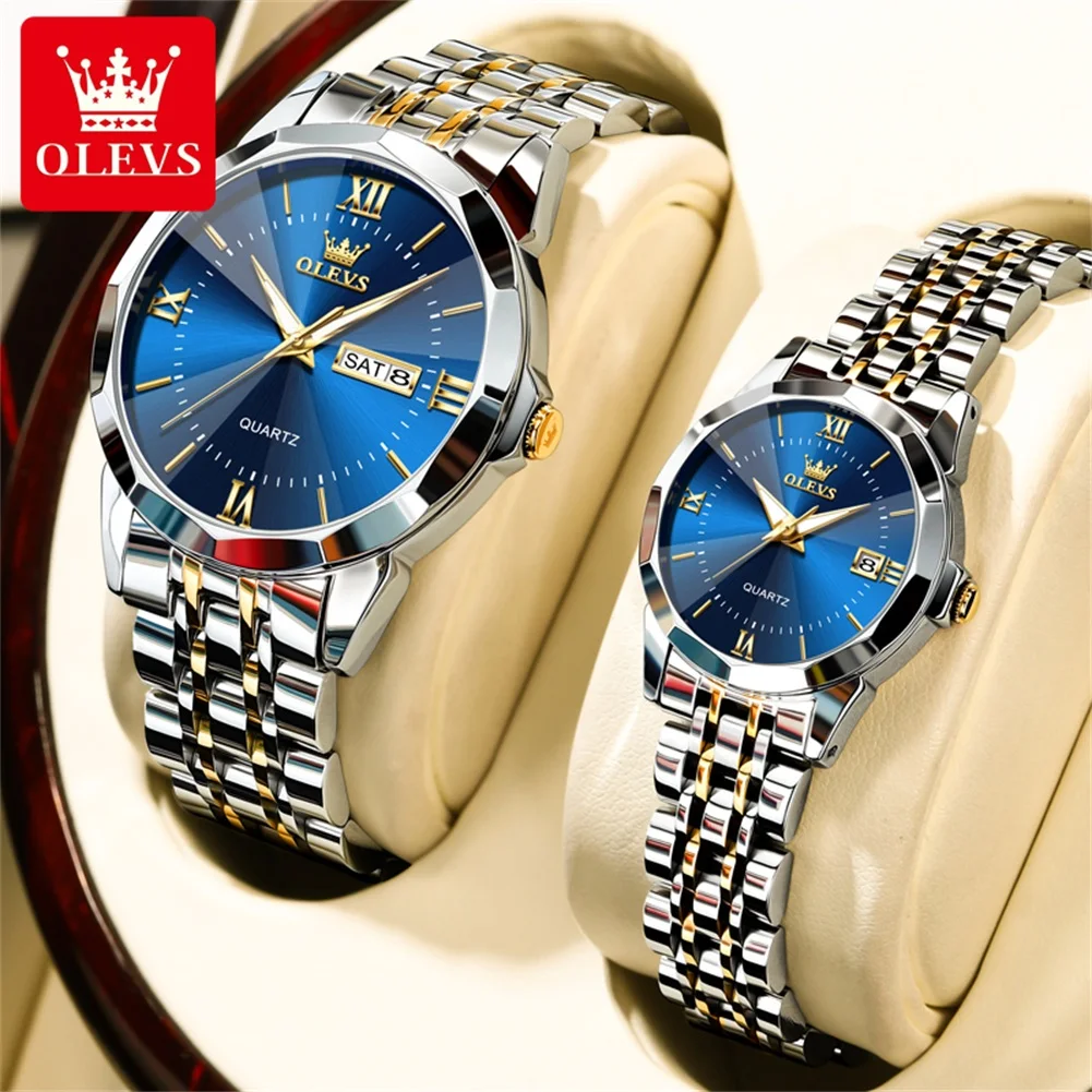 OLEVS-Montre de couple de luxe pour hommes et femmes, acier inoxydable, étanche, Shoous Date, mode, montres à quartz pour les amoureux, marque supérieure