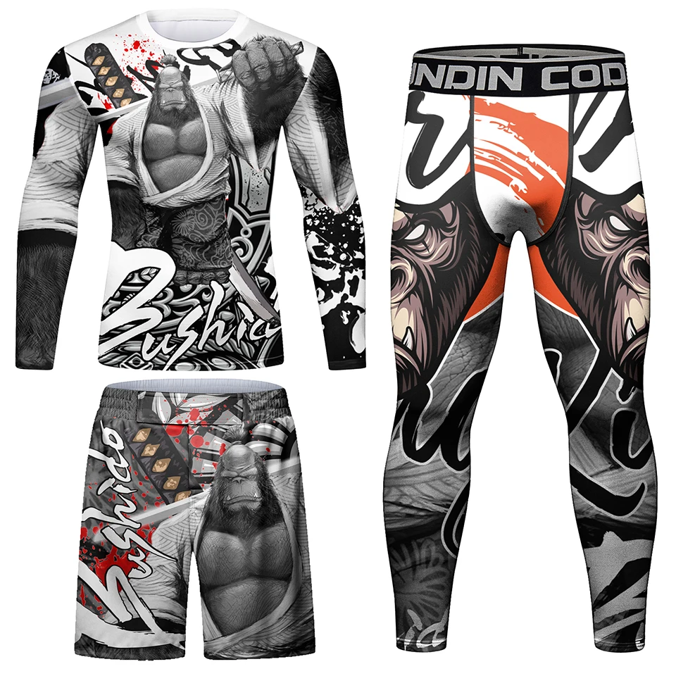 Men Rashguard Jiu Jitsu MMA T-shirt Pant 4/Pcs Sets Sport MMA Shorts Compression Boxing Jerseys Bjj Rash Guard Clothing Suits