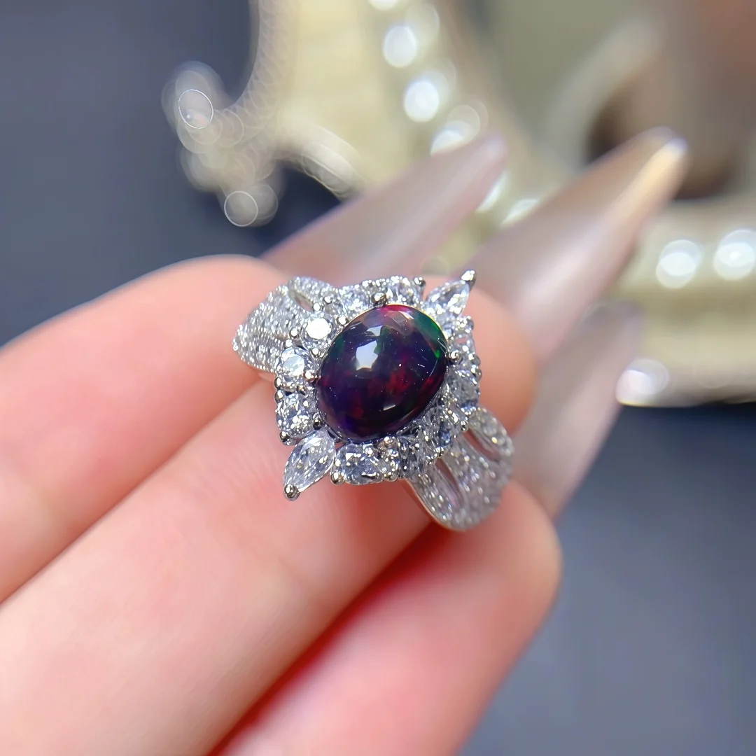 

Inlay 6*8mm Natural Black Opal Fashion Ring for Women S925 Sterling Silver With Certificate Fine Charm Weddings Jewelry FS